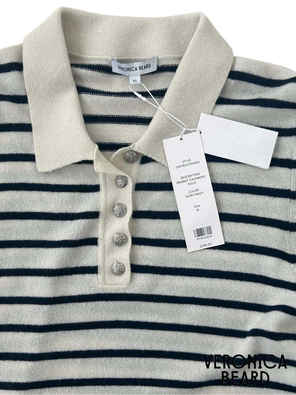 Veronica Beard *NWT* Brandt Stripe Cashmere Polo Short Sleeve Sweater Ivory/Navy